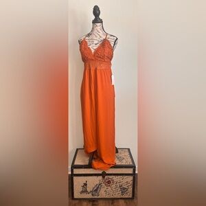 Lace-Trim Orange Halter Jumpsuit